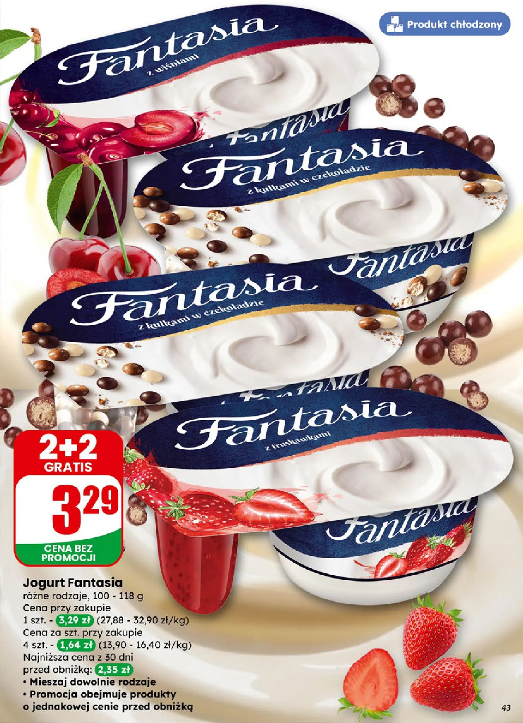 jogurt z musem wiśniowym lub z kulkami w czekoladzie lub z musem truskawkowym