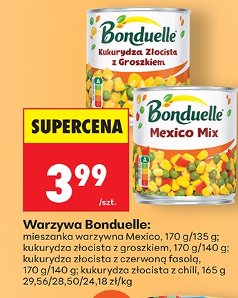 mieszanka warzywna Mexico lub kukurydza złocista z groszkiem lub kukurydza złocista z czerwoną fasolą lub kukurydza złocista z chili