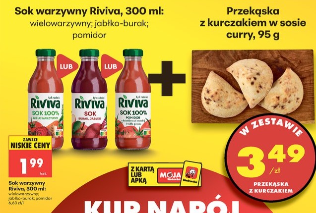 zestaw sok warzywny Riviva 300ml + przekąska z kurczakiem w sosie curry 95g