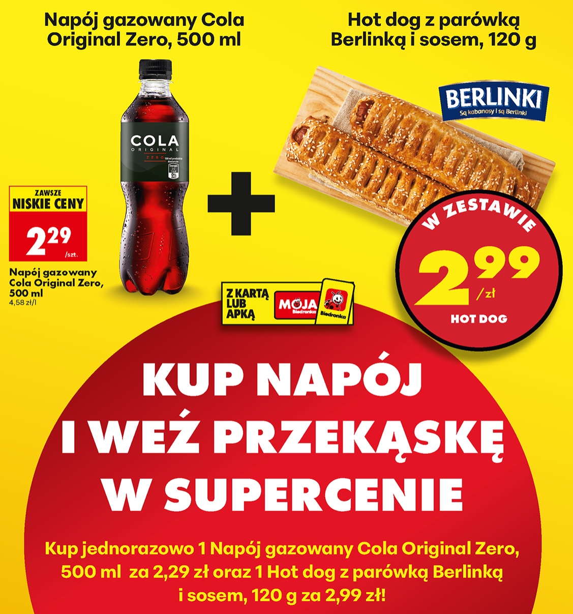 zestaw napój gazowany cola 500ml + hot dog z parówką i sosem 120g