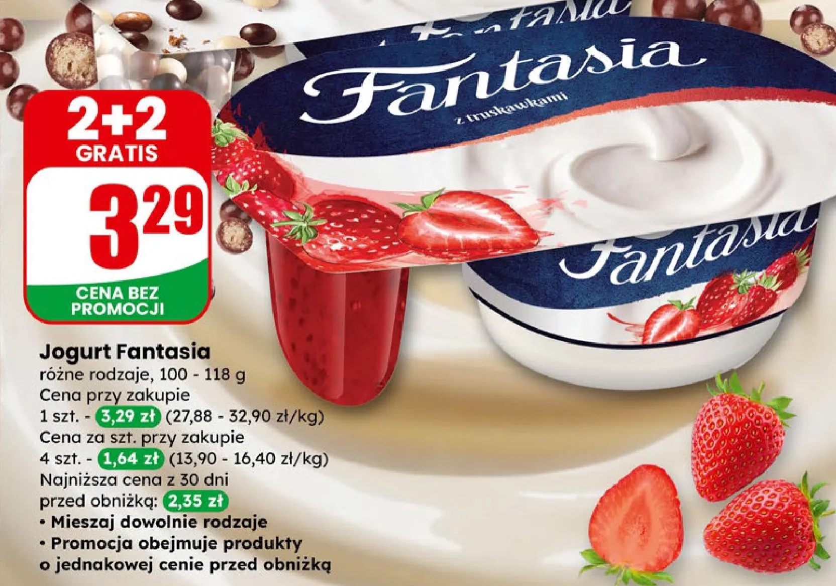 jogurt z musem wiśniowym lub z kulkami w czekoladzie lub z musem truskawkowym