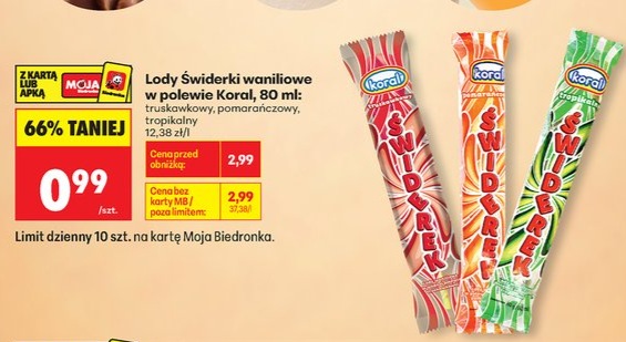 lody świderki waniliowe w polewie truskawkowy lub pomarańczowy, lub tropikalny
