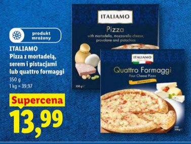 pizza z mortadelą, serem i pistacjami lub quattro formaggi