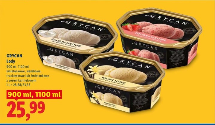 lody śmietankowe, waniliowe, truskawkowe lub śmietankowe z sosem karmelowym