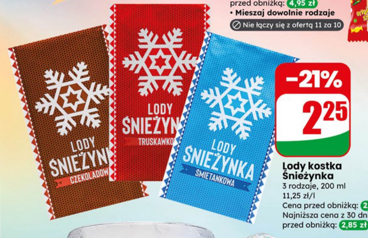 lody kostka truskawkowa, śmietankowa, czekoladowa