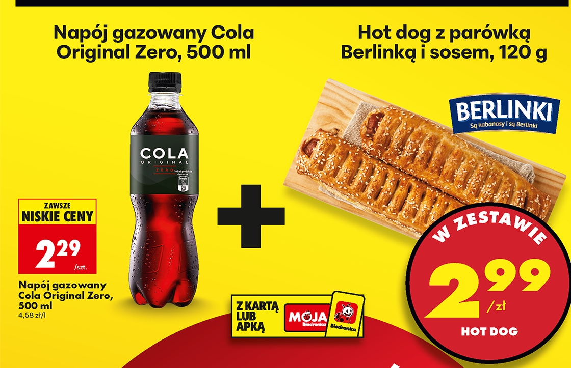 zestaw napój gazowany cola 500ml + hot dog z parówką berlinką i sosem 120g